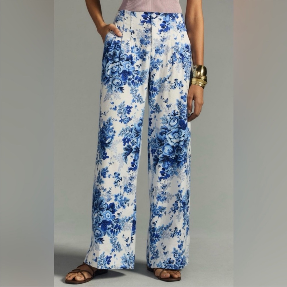 NWT Maeve Colette Linen Wide Leg Blue and White Floral Pants